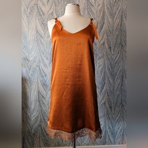 Heartloom V Neck Satin Slip Midi Dress, Rust color, Size small